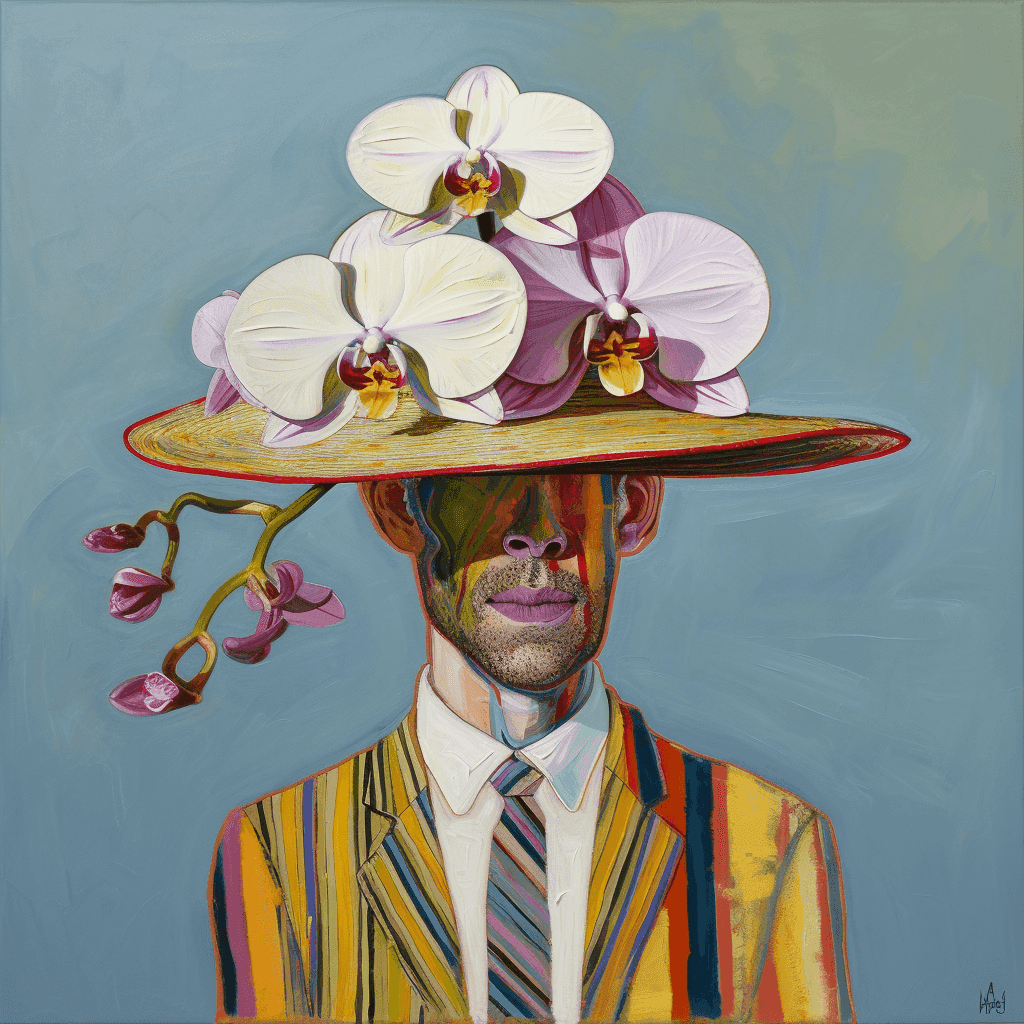 Man with orchid hat
