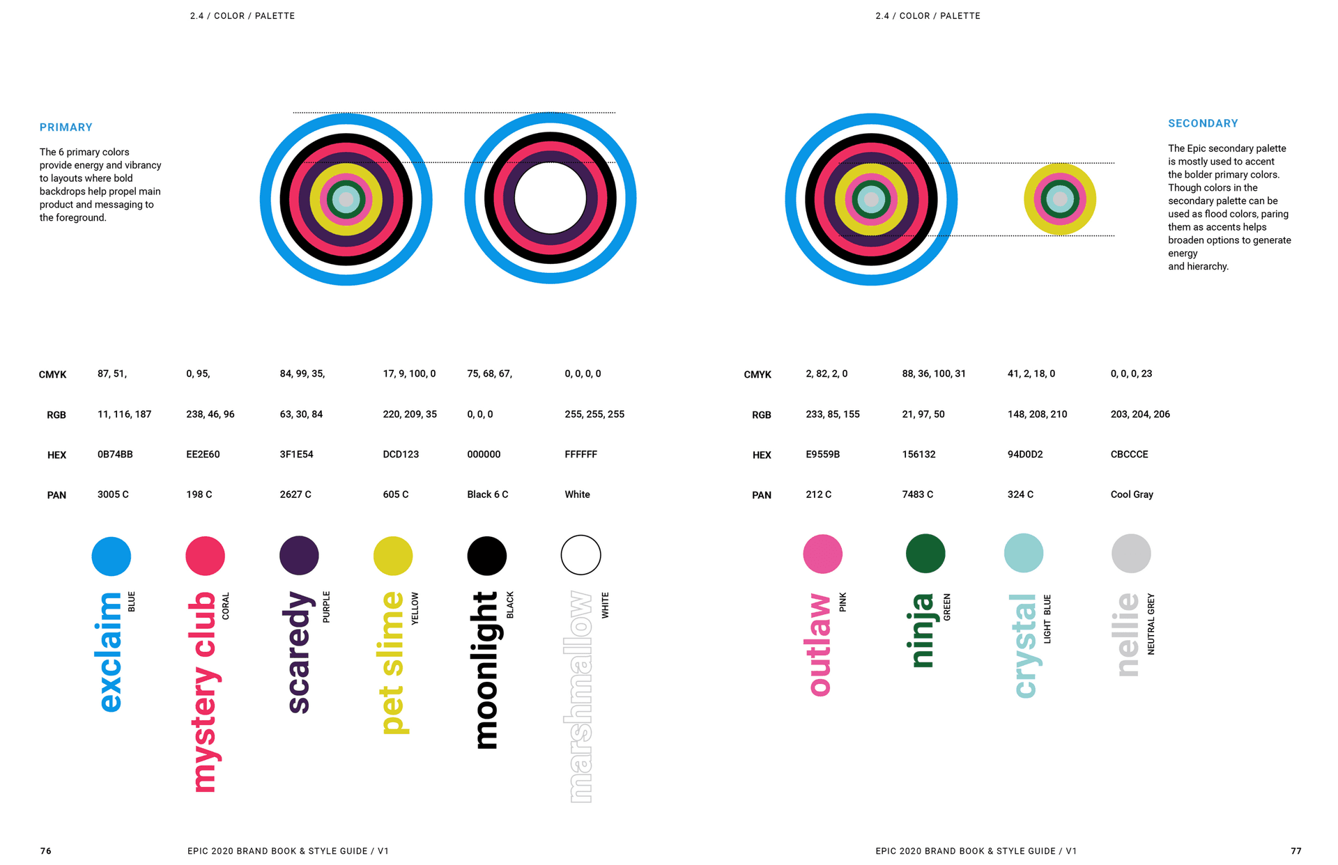 Color palette - Primary and Secondary colors named after Epic Originals characters