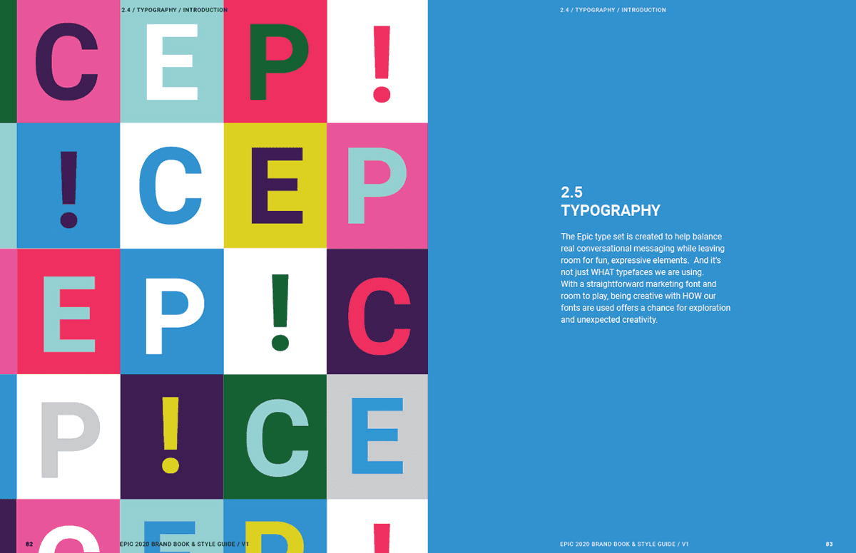 Typography grid with Epic letters in brand colors