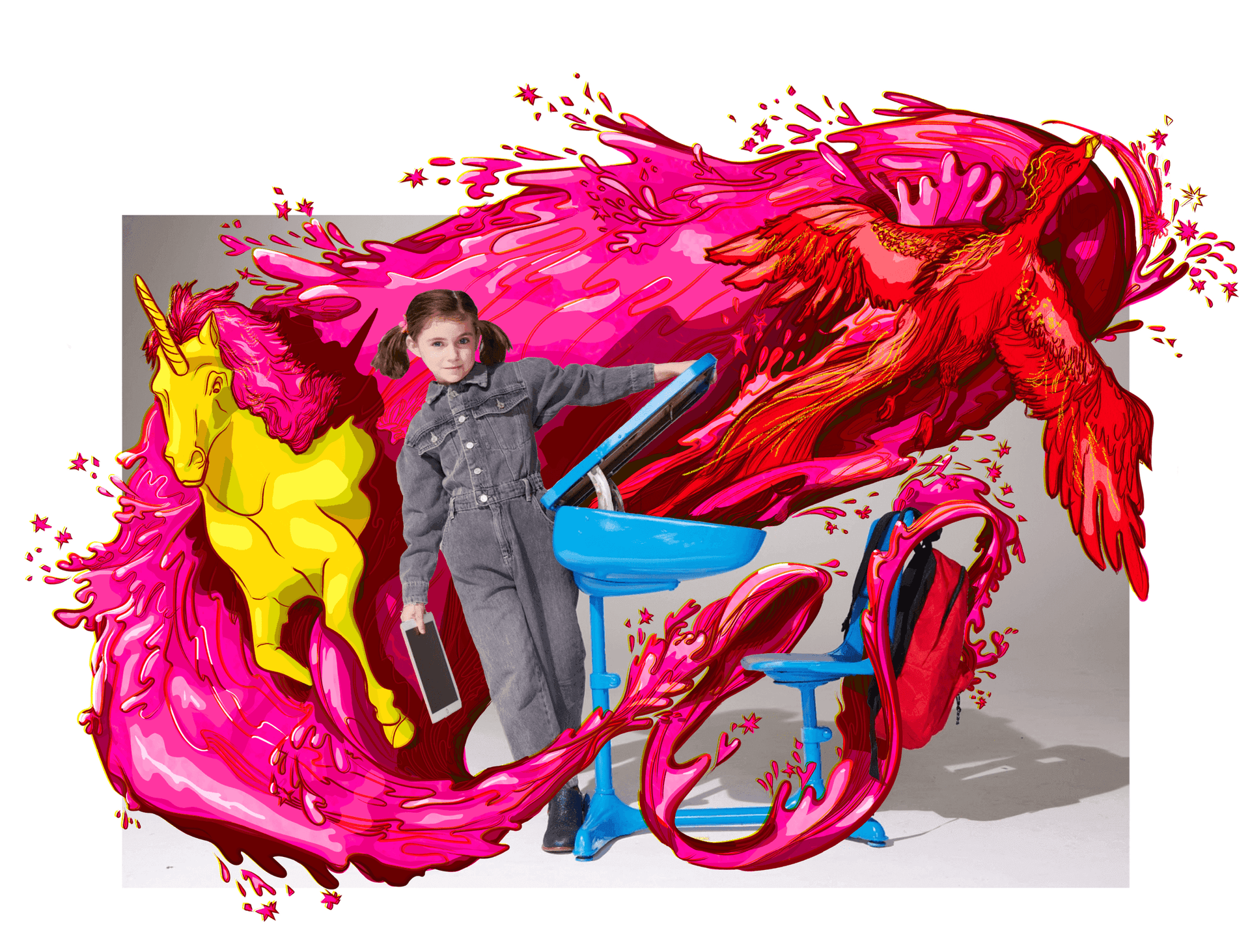 Epic Brand photoshoot hero - child with unicorn and phoenix illustration