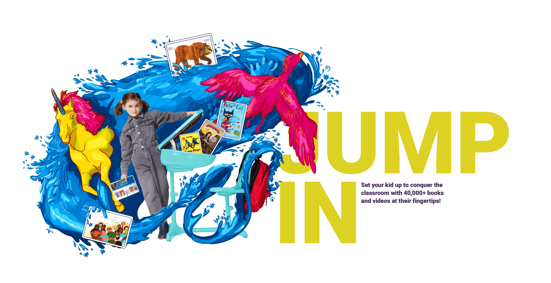 JUMP IN promotional creative with blue wave and illustrations
