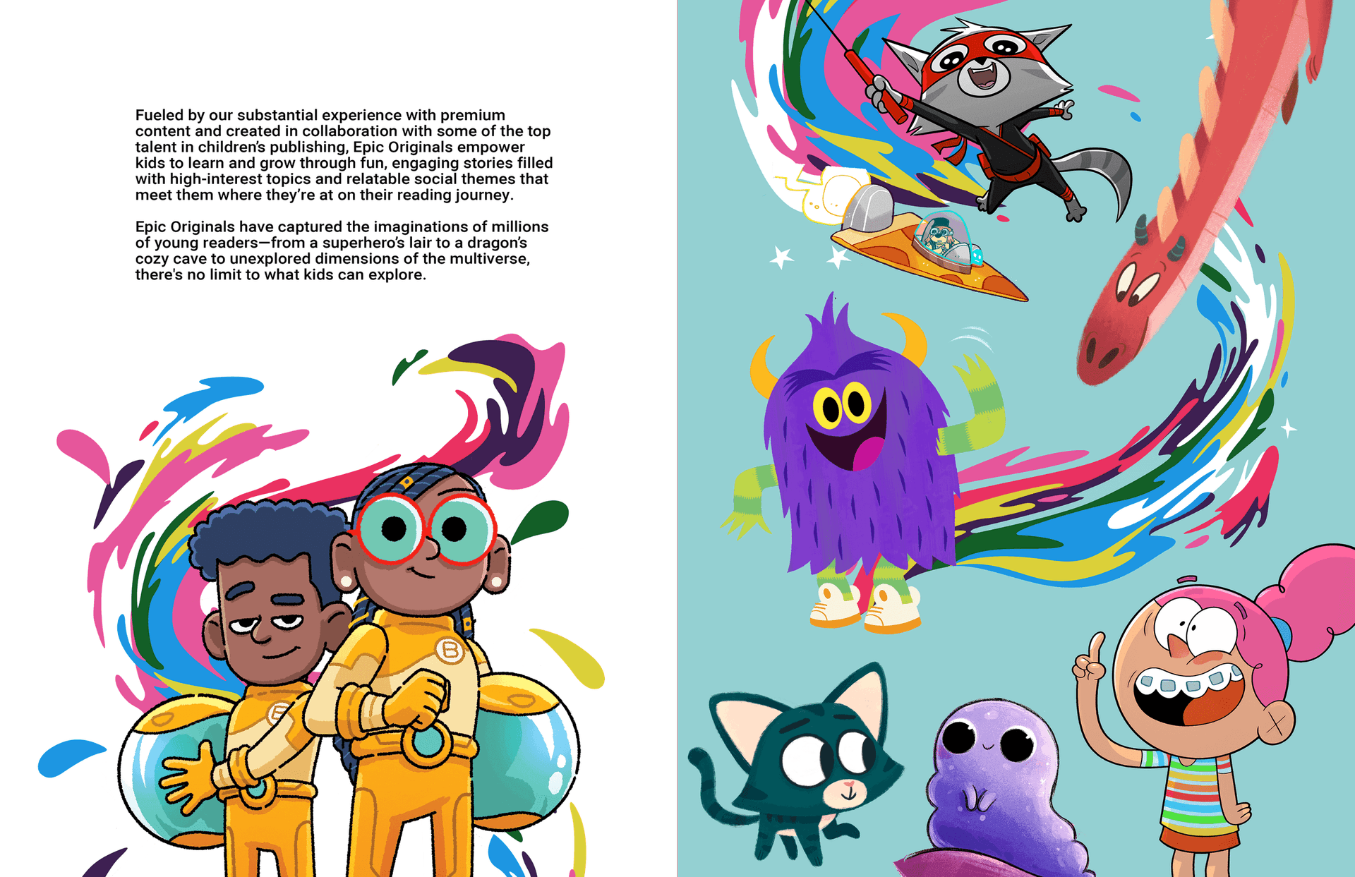 Epic Originals characters with colorful swirl designs