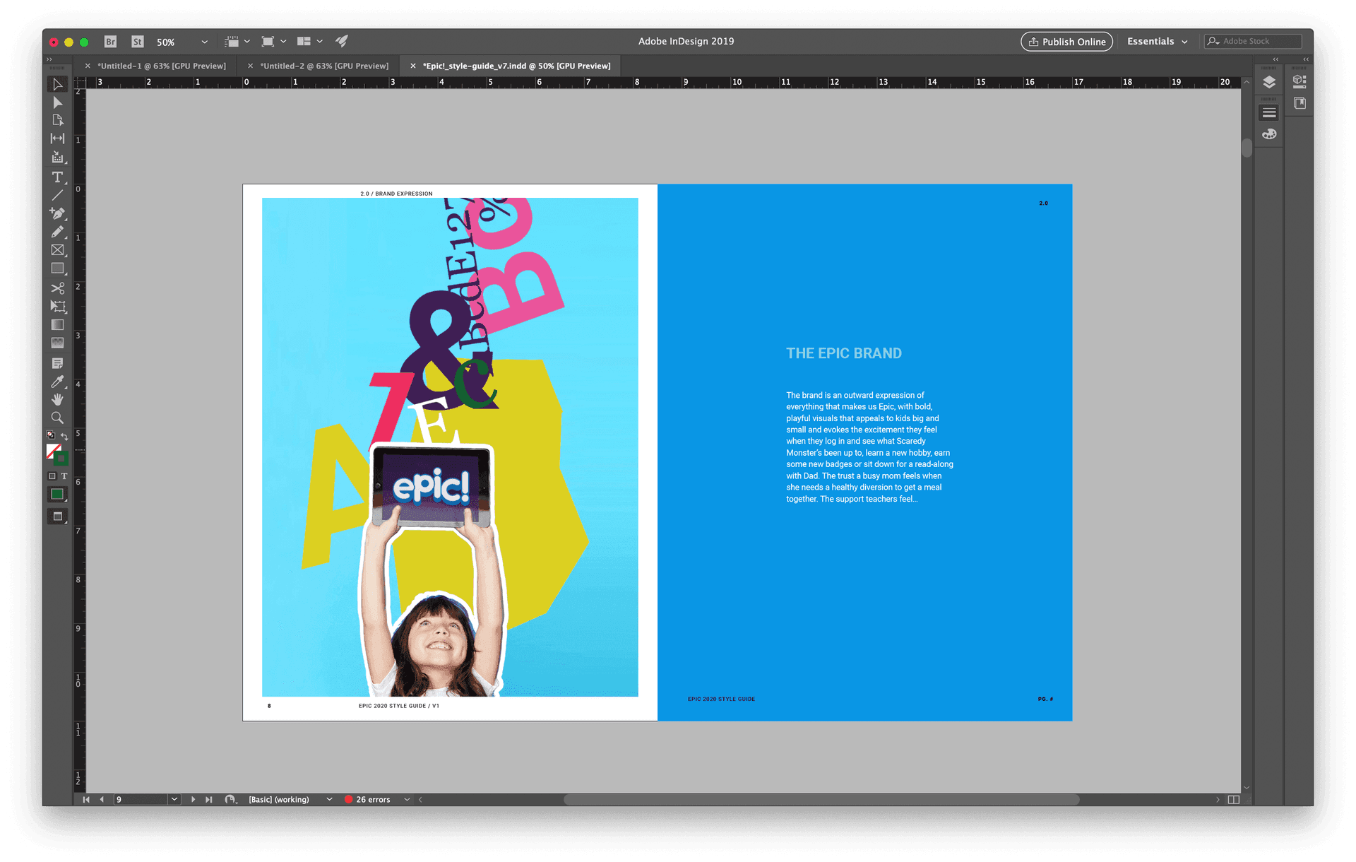 Early brand explorations in InDesign: THE EPIC BRAND spread