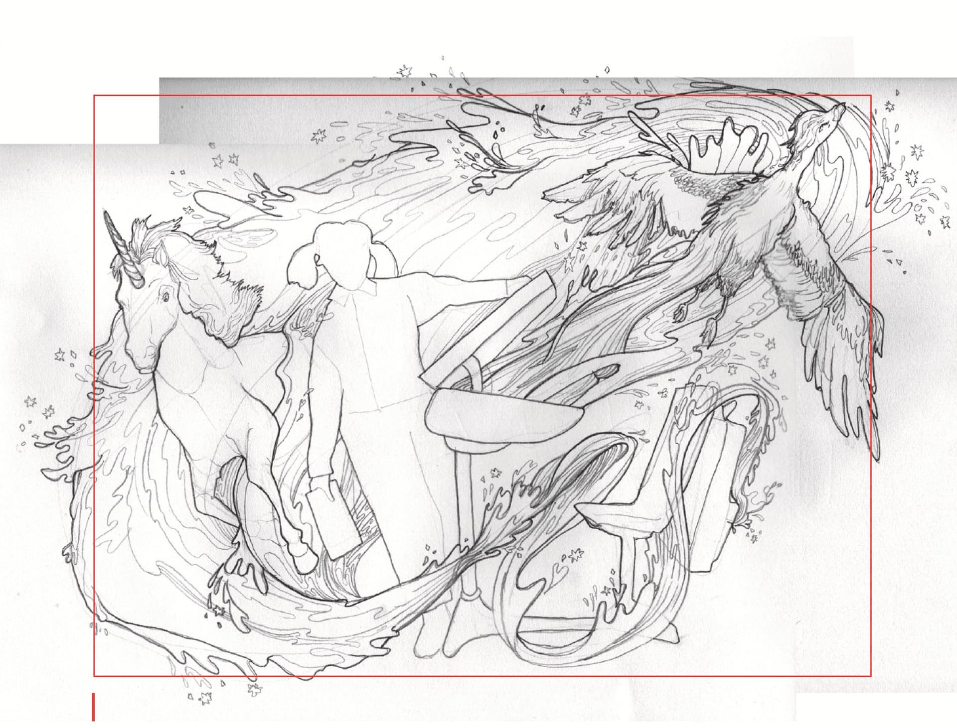 Pencil concept sketch of the student with a unicorn and phoenix
