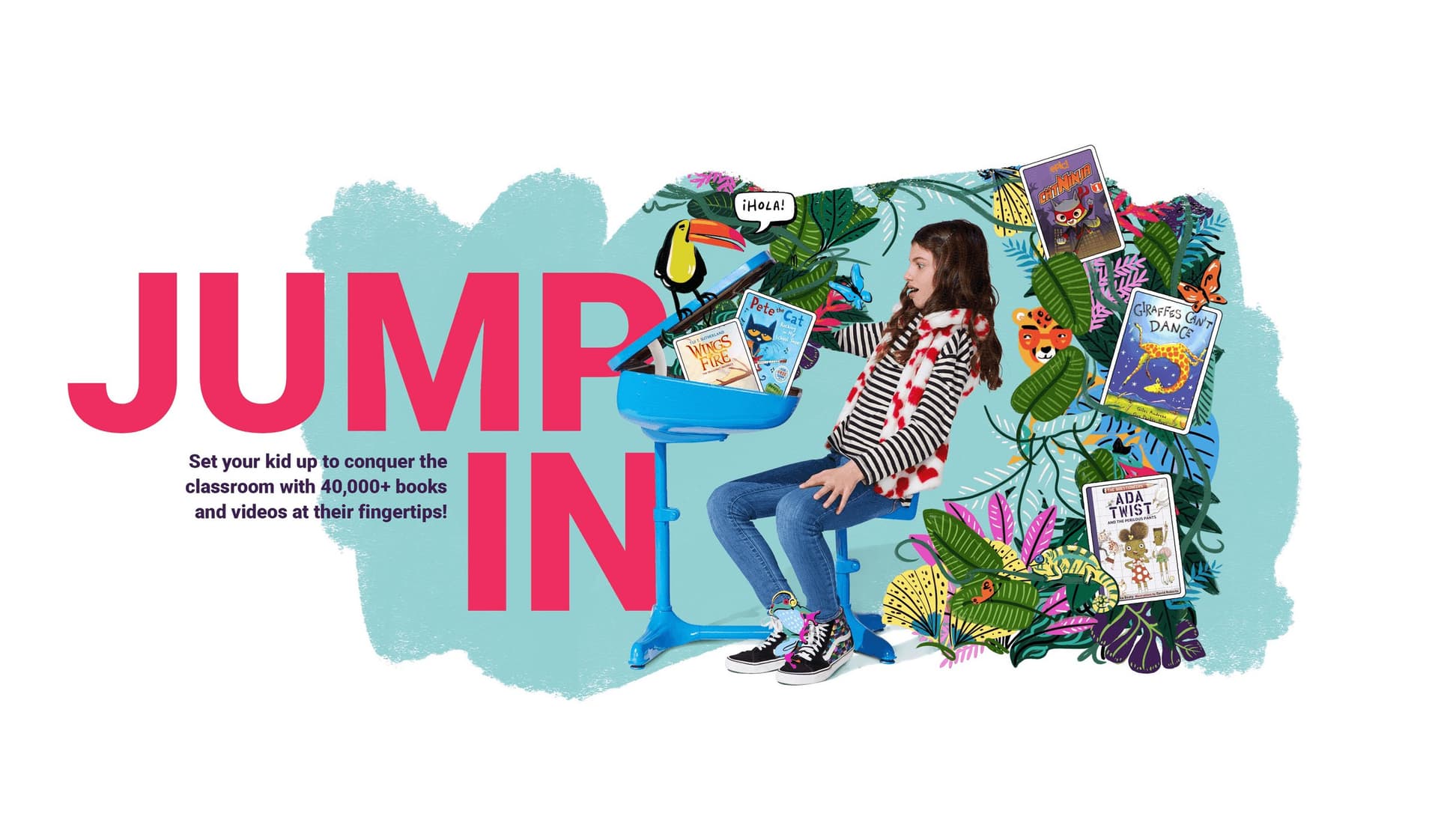 Final JUMP IN campaign creative with tropical illustrations